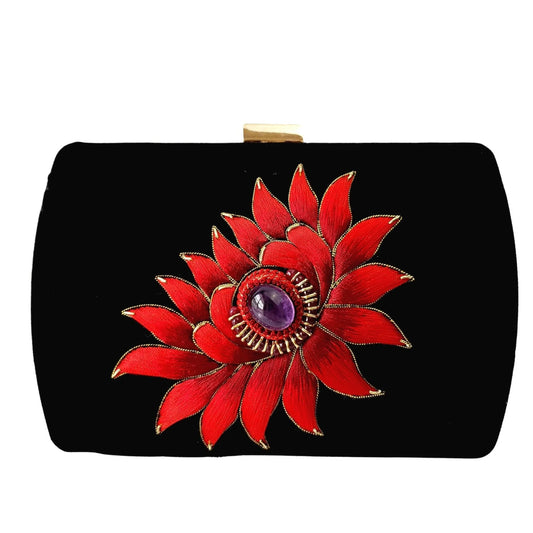 Cabochon Gemstone + Velvet Clutch | Black Velvet with Gold Embroidered Cabochon Gemstones
