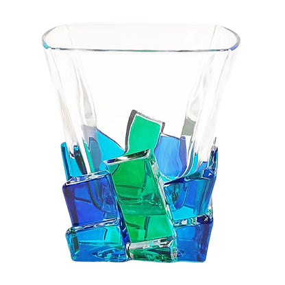 Murano Italian Crystal Whiskey DOF Glass | Cracked Ice Blue Green