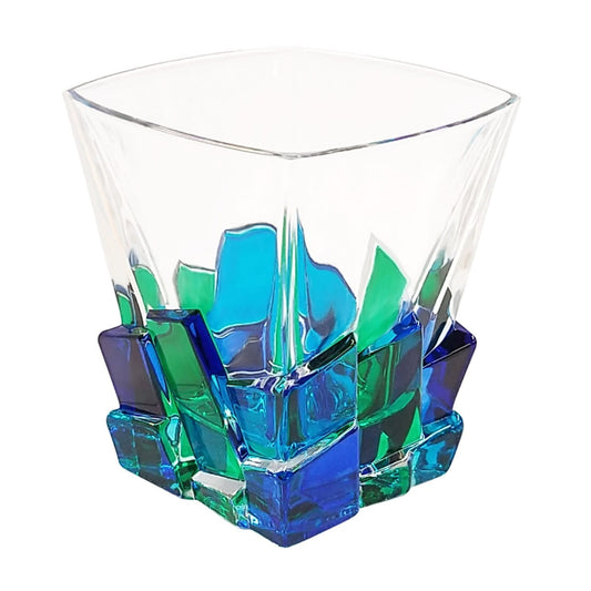Murano Italian Crystal Whiskey DOF Glass | Cracked Ice Blue Green