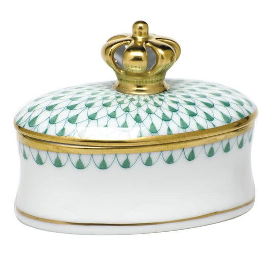 Herend Oval Box with Crown | Green 2.75in
