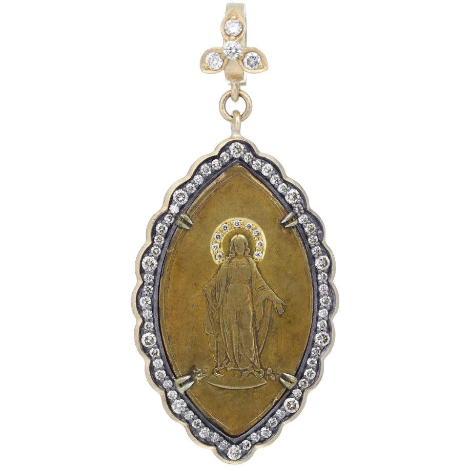 Antique Virgin Mary Medal Pendant + Diamond Halo