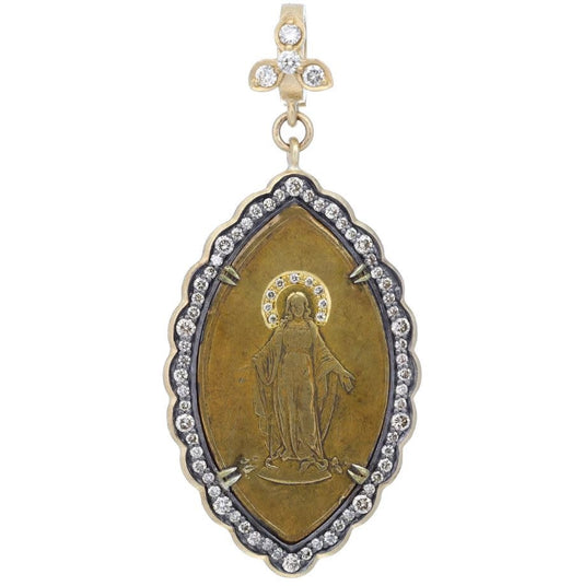 Antique Virgin Mary Medal Pendant + Diamond Halo