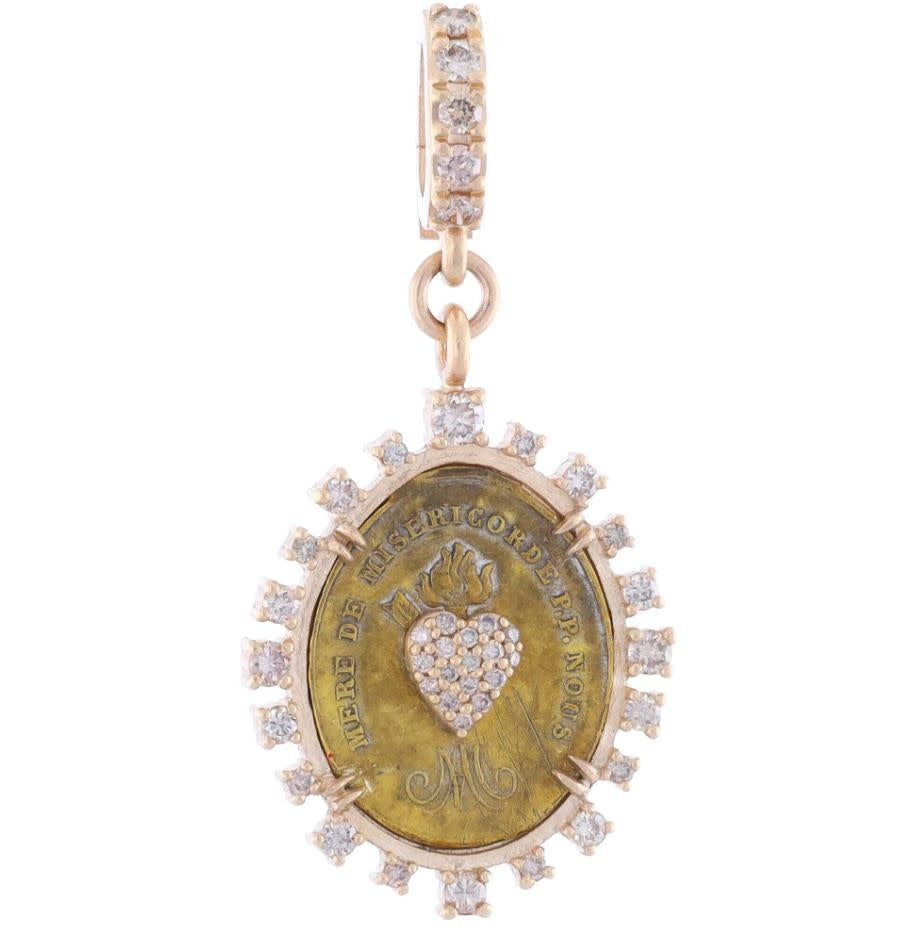 Antique French Bronze Sacred Heart Medal Pendant + Diamond Bezel | 14k Satin YG