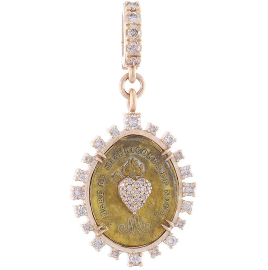 Antique French Bronze Sacred Heart Medal Pendant + Diamond Bezel | 14k Satin YG