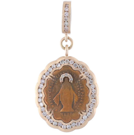 Antique French Virgin Mary Medal + Diamonds | 14k Satin YG