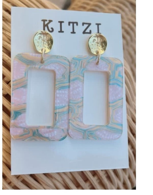 Kitzi Marbled Acrylic Open Rectangle Earrings | Pink Blue Gold