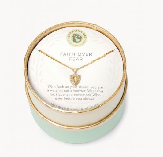 Faith Over Fear Cross Shield 18k Gold Plate Necklace, 18-21"