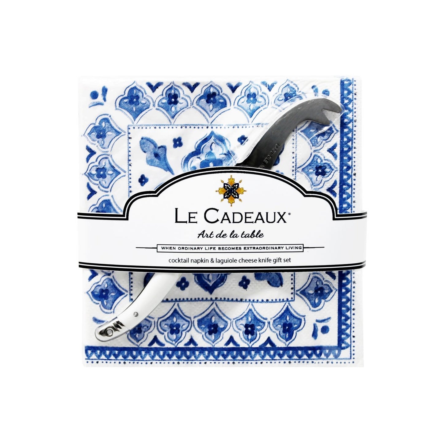 Moroccan Blue Cocktail Napkin Set Of 20 With Laguiole Mini Cheese Knife