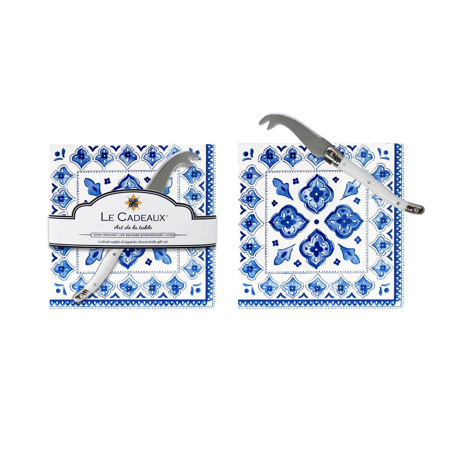 Moroccan Blue Cocktail Napkin Set Of 20 With Laguiole Mini Cheese Knife