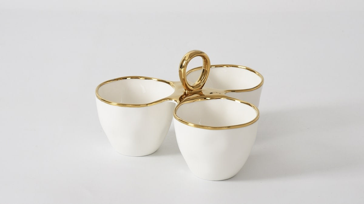 Porcelain + Gold Titanium 3 Part Handled Bowl | 8x7x5in