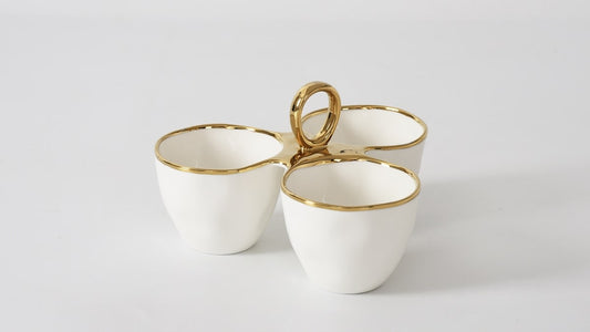 Porcelain + Gold Titanium 3 Part Handled Bowl | 8x7x5in