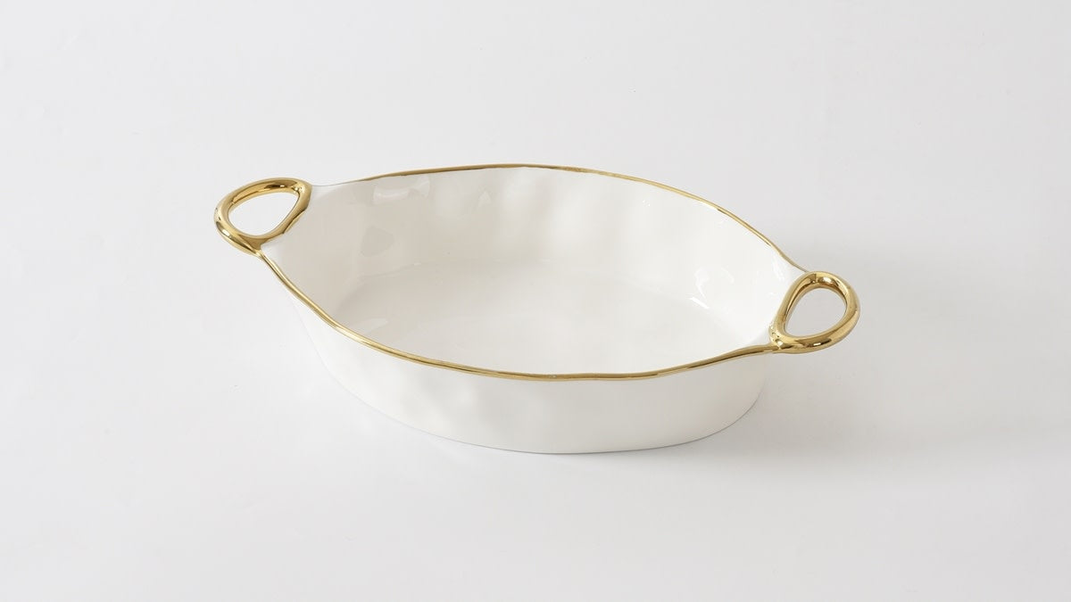 Porcelain + Gold Titanium Oval Handled Baking Dish | 13x9x3in