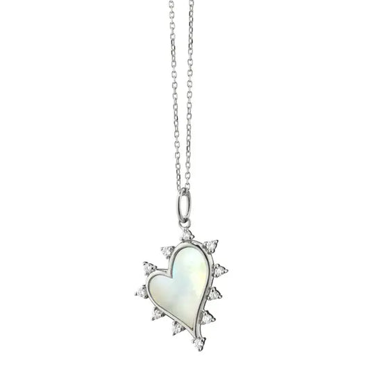 Mother of Pearl Heart Charm White Sapphires + Diamond Cut Chain Necklace |.34c 16+2in Sterling Silver
