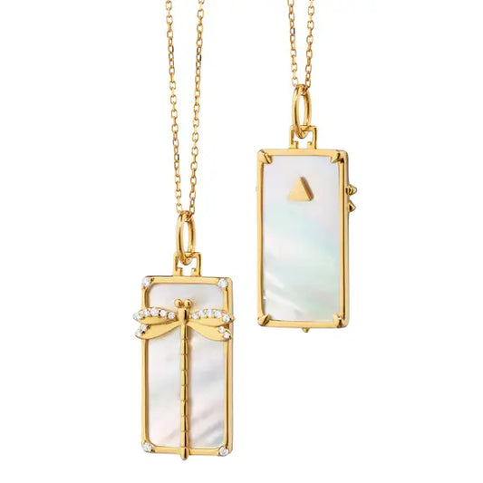 Mother Of Pearl + Diamond Dragonfly Medallion Charm + Chain Necklace | .094c 16+1in 18k YG