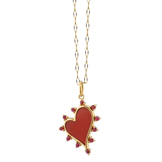 Monica Rich Kosann Red Carnelian + Ruby Heart Necklace | 17in 18k