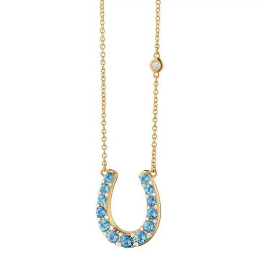 Horseshoe Aquamarine Charm + Diamond Bezel + Chain Necklace | .11c + 1.34c 16+2in 18k YG