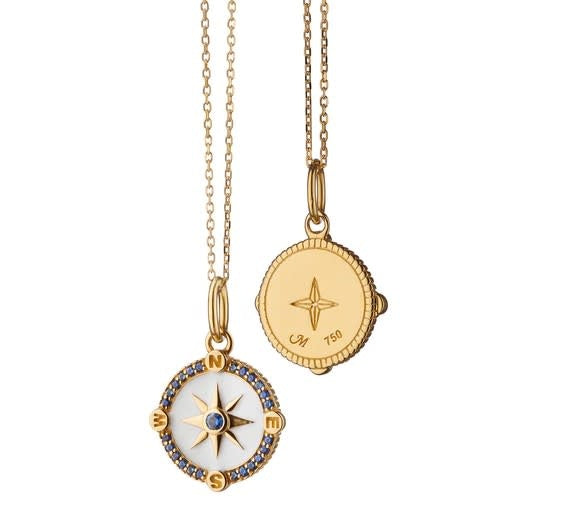 Mini Adventure White Enamel + Blue Sapphire Compass Charm + Diamond Cut Chain Necklace | 18k YG 16+1in