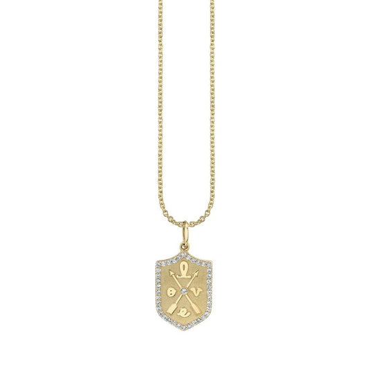 Small Love Script Pave Border Crest Charm + Tiffany Light Necklace | 18in