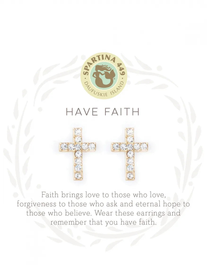 Have Faith Crystal Cross 18k Gold Plate Stud Earrings