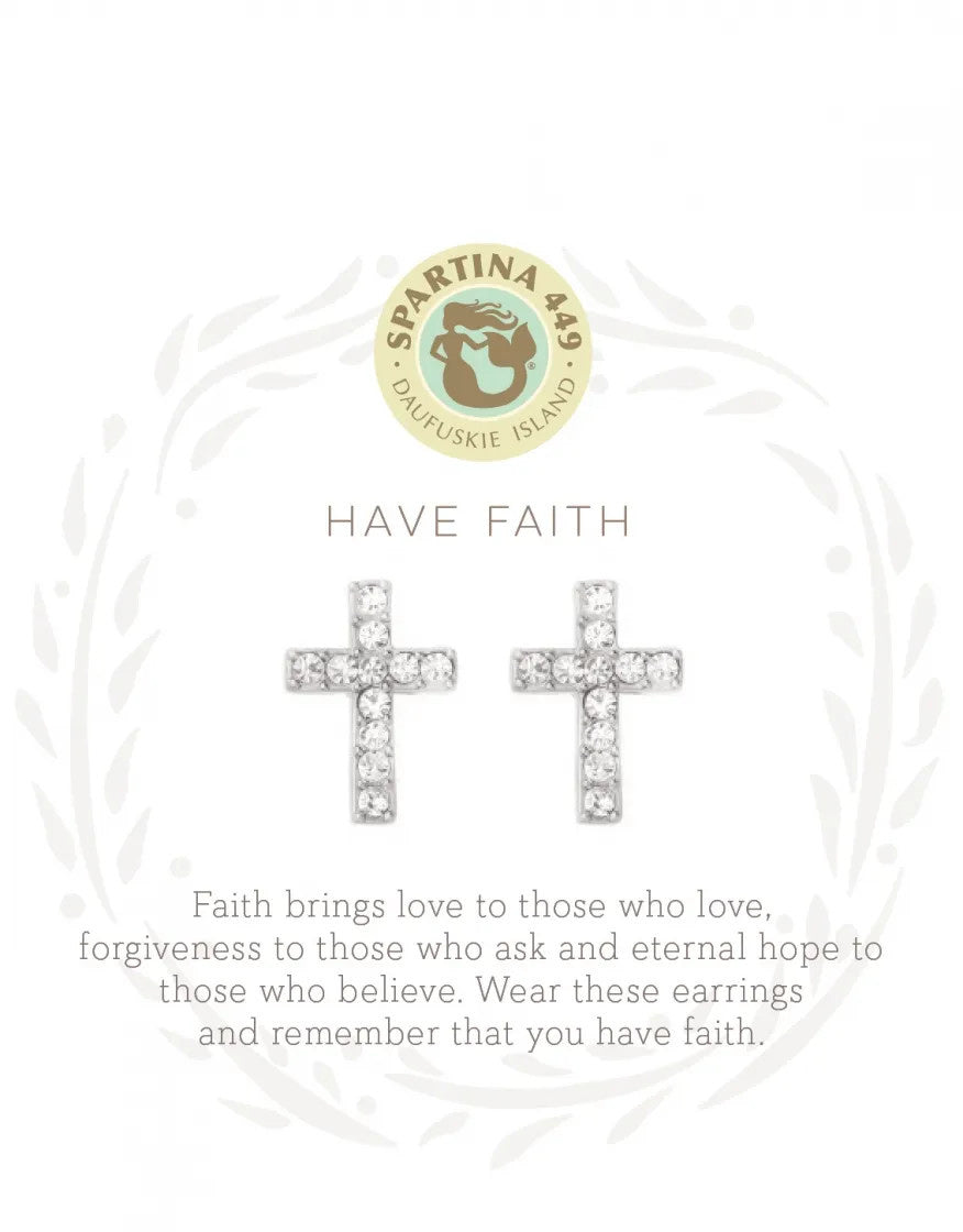 Have Faith Crystal Cross Silver Rhodium Plate Stud Earrings