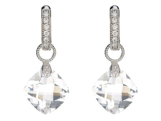 White Topaz + Diamond Small Cushion Silhouette Earring Charms | .02c 18k White Gold