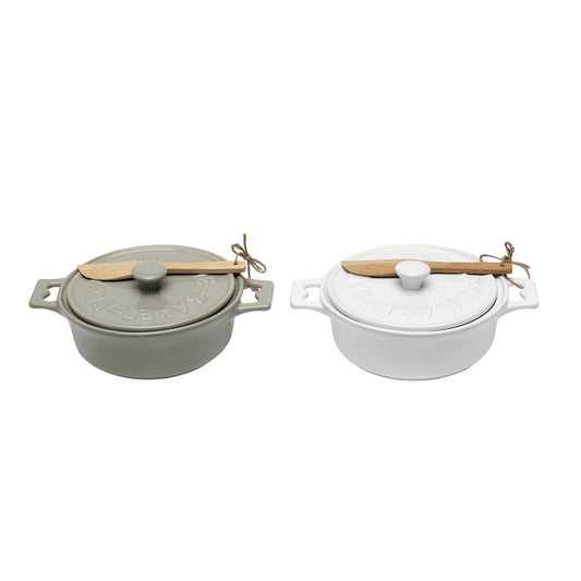 Stoneware Brie Bakers with Lids & Wood Spreaders