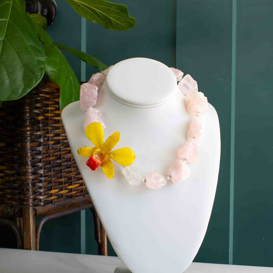 Preserved Orchid Necklace | Yellow Orchid + Rose Quartz Gemstones 18in