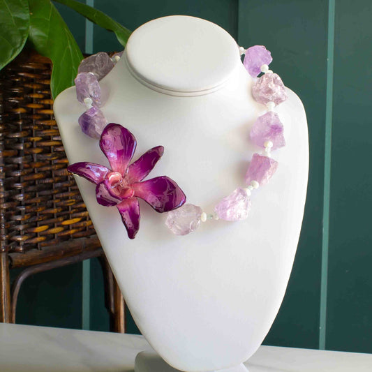 Preserved Orchid Necklace | Magenta Orchid + Amethyst Gemstones 18in