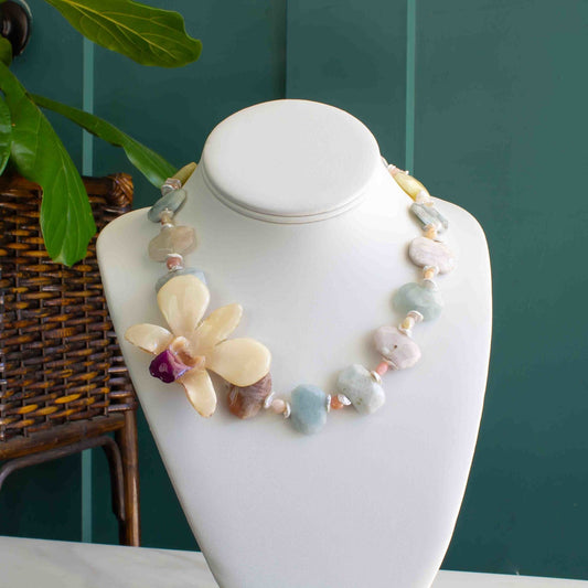 Preserved Orchid Necklace | White Orchid + Morganite Gemstones 18in