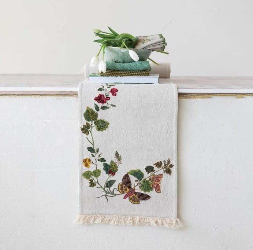 Cotton Embroidered Table Runner | Flowers + Butterflies 72in