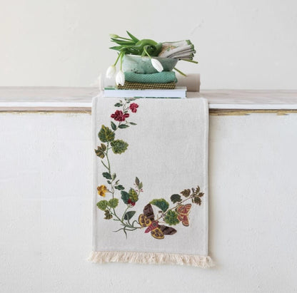 Cotton Embroidered Table Runner | Flowers + Butterflies 72in