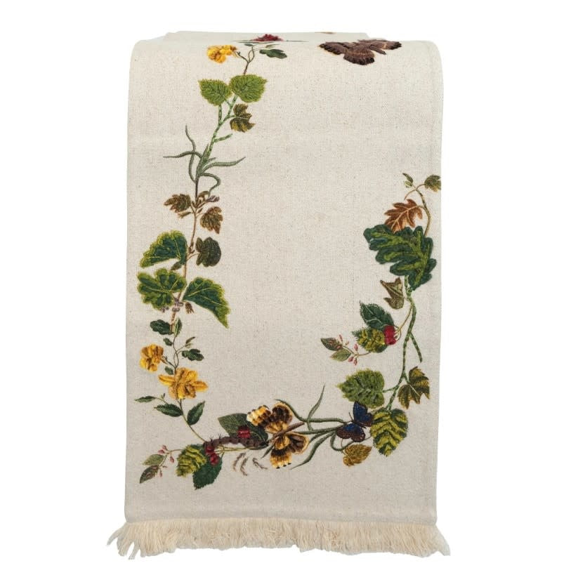 Cotton Embroidered Table Runner | Flowers + Butterflies 72in