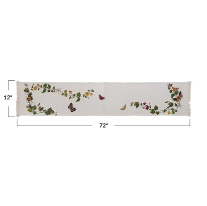 Cotton Embroidered Table Runner | Flowers + Butterflies 72in
