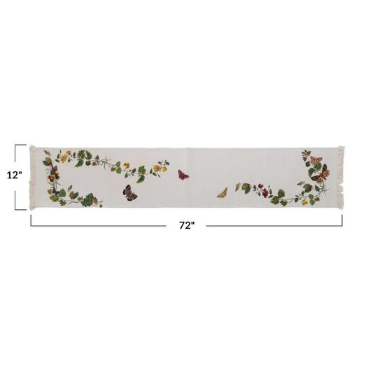 Cotton Embroidered Table Runner | Flowers + Butterflies 72in