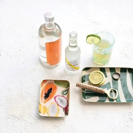 Enameled Metal Fruit Abstract Tray Set of 2 | MultiColor Gold Rim