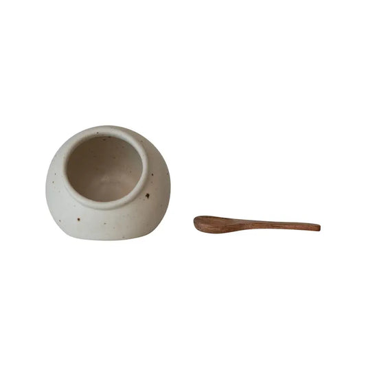 Cream Stoneware Salt Jar + Wood Spoon Set| 3.5in