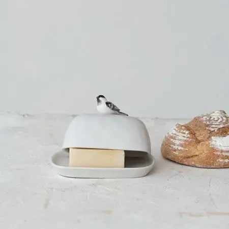 Stoneware Perched Bird Butter Dish | 7in
