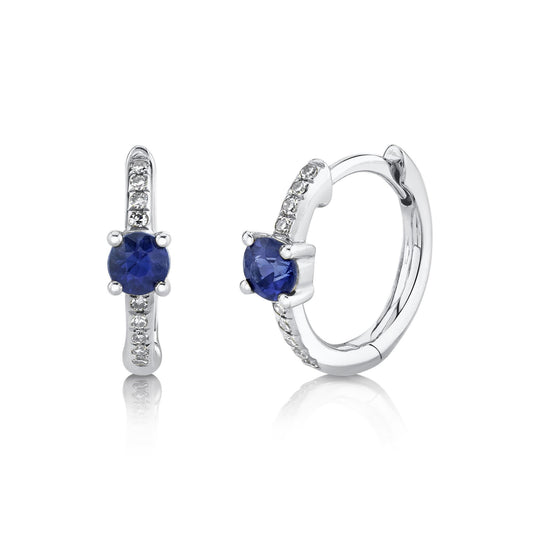 Diamond + Blue Sapphire Huggie Hoop Earrings | .06c + .33c 14k WG