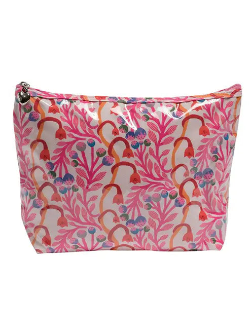 Waterproof Lined Cosmetic Bag | Medium Pink Strawberry Vine