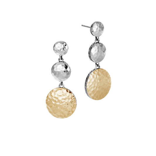 Dot Triple Drop Earrings in Hammered Silver and 18K Gold