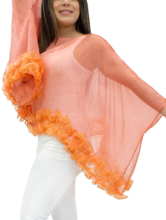 Silk Ruffle Classic Poncho | Pink + Orange