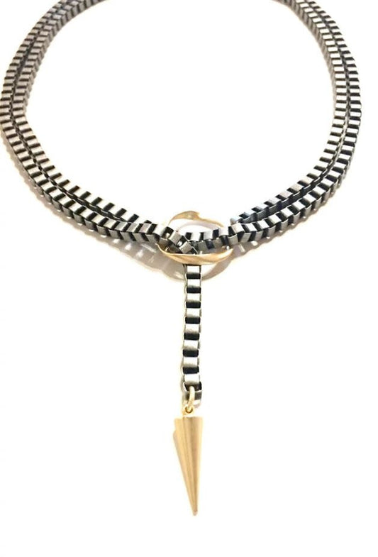 Dylan Circle + Spike Toggle Necklace | Antique Silver Chain + Gold Spike