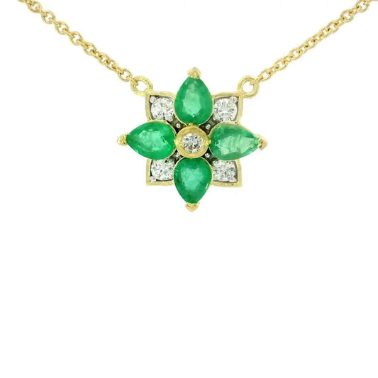 Moroccan Flower Faceted Emerald + Diamond Pendant Necklace | 18in 18k Yellow Gold .12c