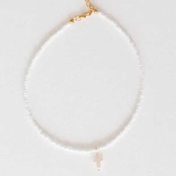 Ellie Pearl Cross White Beaded Necklace| 14in + 2in Ext