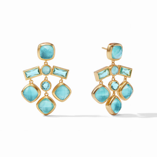 Antonia Chandelier Gold Earrings | Iridescent Bahamian Blue