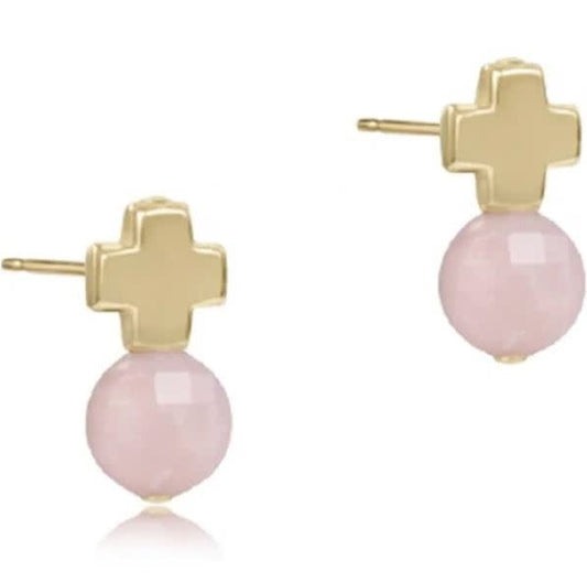 Signature Cross Gold Stud Earrings | Pink Opal