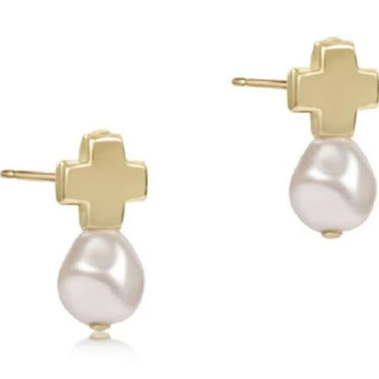 eNewton Signature Cross Gold Stud Earrings | Pearl