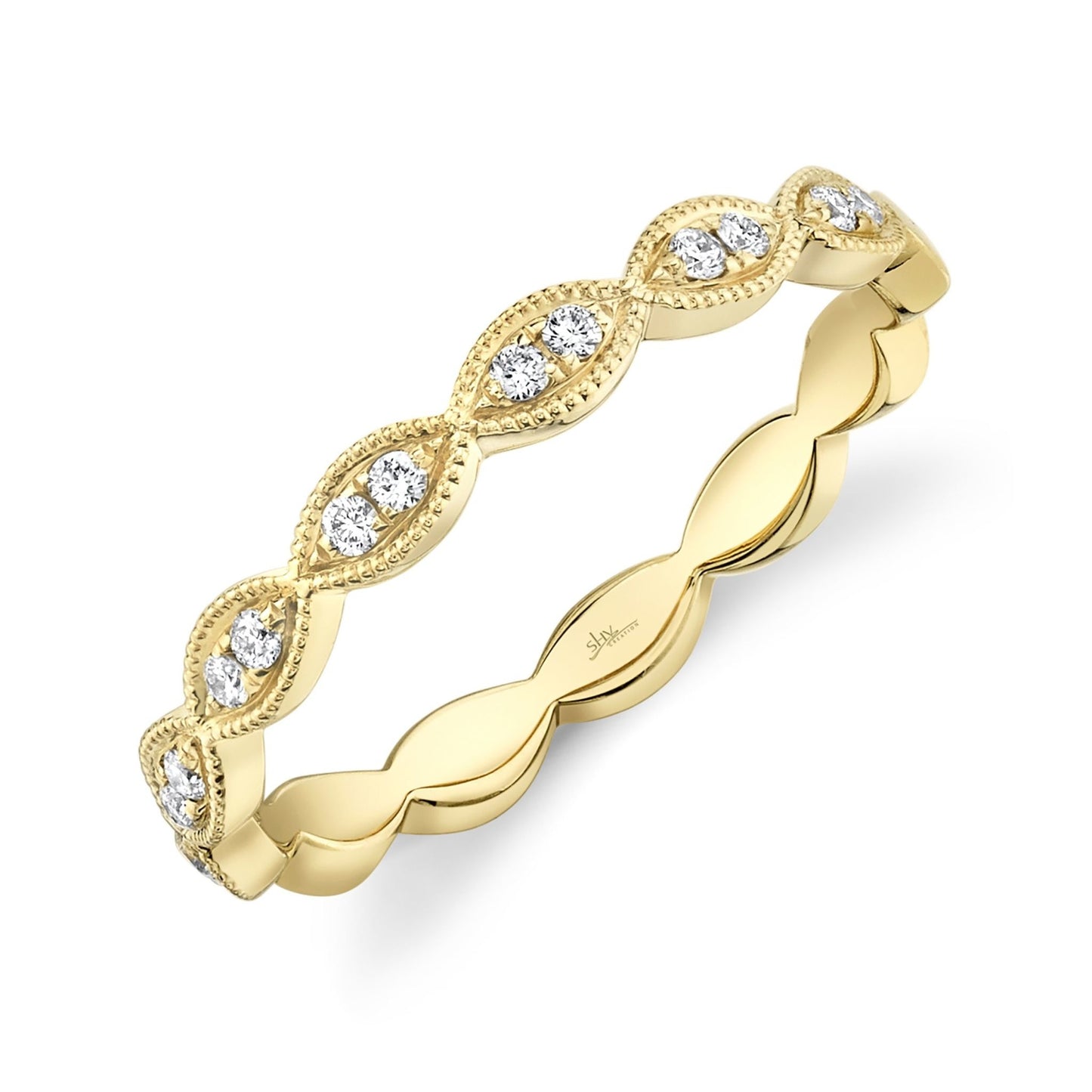 Diamond Marquise Station Beaded Band Ring | S7 14k .13c YG