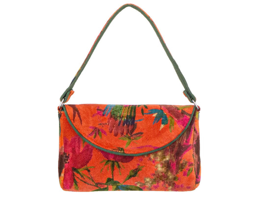 Velvet Vintage Bird Hand Bag | Orange 6x9in