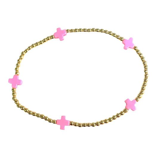 eGirl Signature Cross Small Gold Pattern Bead Bracelet | Bright Pink 2mm